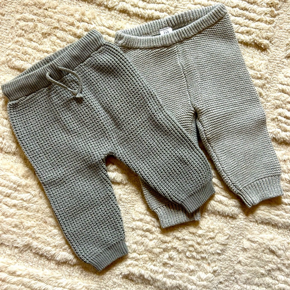 Two pairs of Zara & H&M organic cotton knit baby pants, size 3-6 mo.